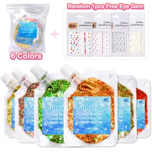 6-Colors Face Glitter Gel for Body Nails Hair Lips Eyeshadow Chunky Cosmetic Glitter for Women and Kids Holographic Shimmer Powder Multi-Use Festival Party Sparkle Sequins with Free Eye Gem