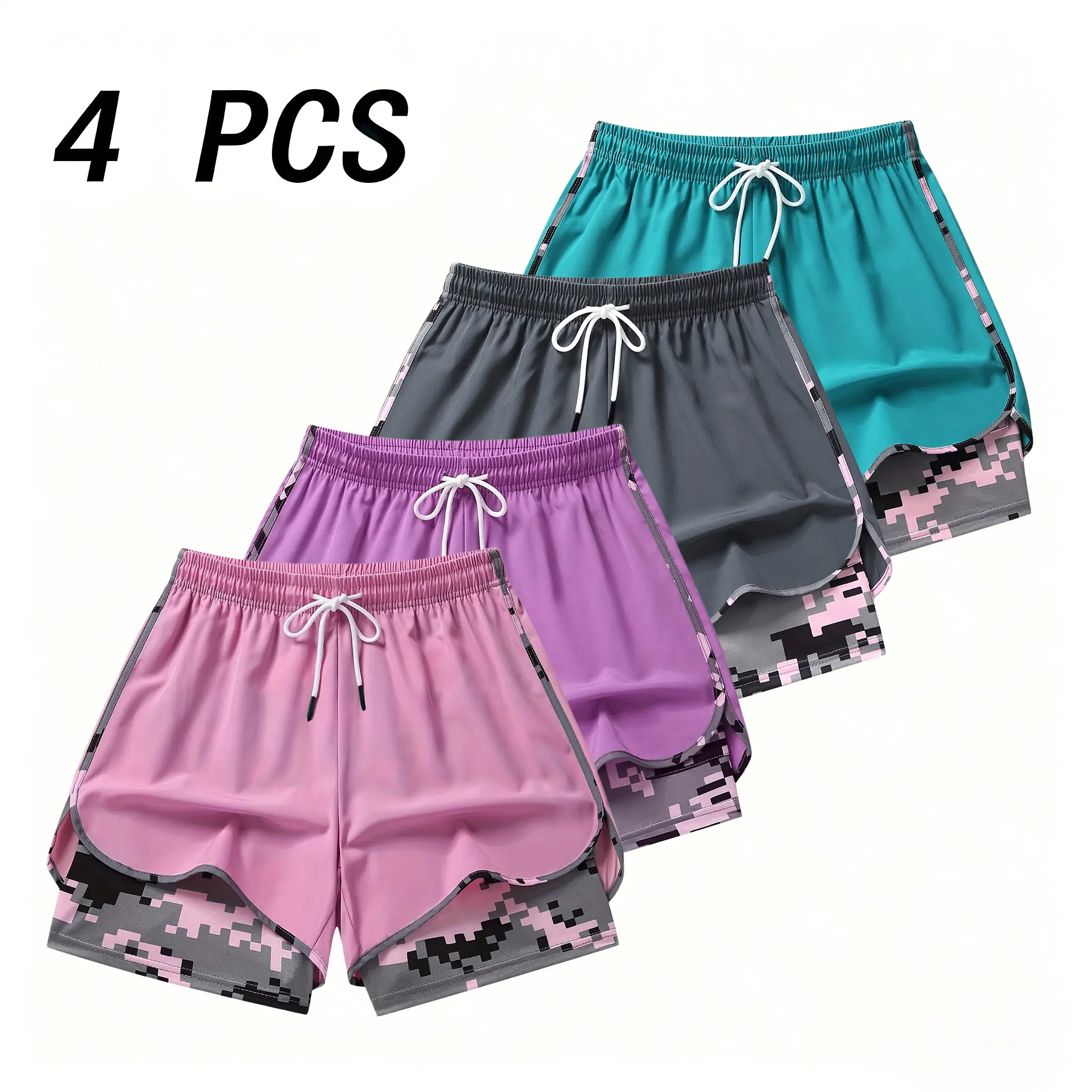 Women’s camouflage athletic casual shorts, 4-pack; available in multiple colors; elastic waistband, double-layer shorts with inner pockets; suitable for sports, leisure, everyday wear, and various occasions.