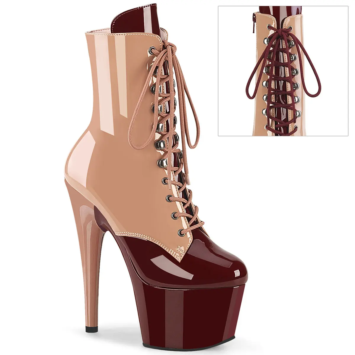 Women's 2-Tone PU Ankle Boots, Blush-Burgundy Platform with 7" Heel, Lace-Up Front and Side Zip, Footwear, Soft, Shoe, Polyurethane, Ankle Length, 7 In, Two-Tone
