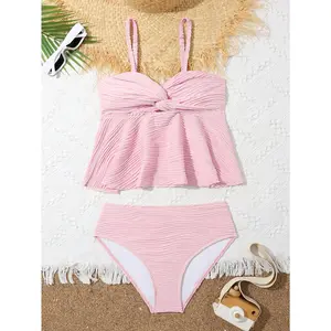 2pcs Tween Girl Bikini Set With Ruffle Hem, Solid Twist Hollow Out Swimwear, Flattering Tummy Covering Outfit