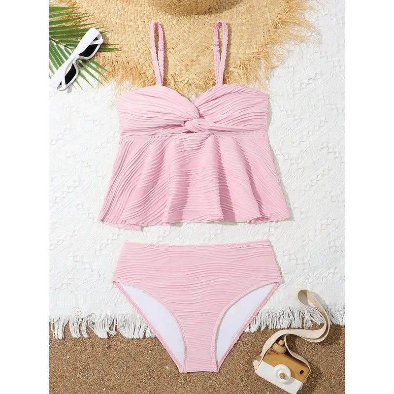 2pcs Tween Girl Bikini Set With Ruffle Hem, Solid Twist Hollow Out Swimwear, Flattering Tummy Covering Outfit