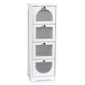 GARVEE Small Bathroom Floor Cabinet, Freestanding Bathroom Organizer and Storage Cabinet with 4 Drawers, 33" Slim Wooden Storage Cabinet for Narrow Spaces Bedroom Living Room, White