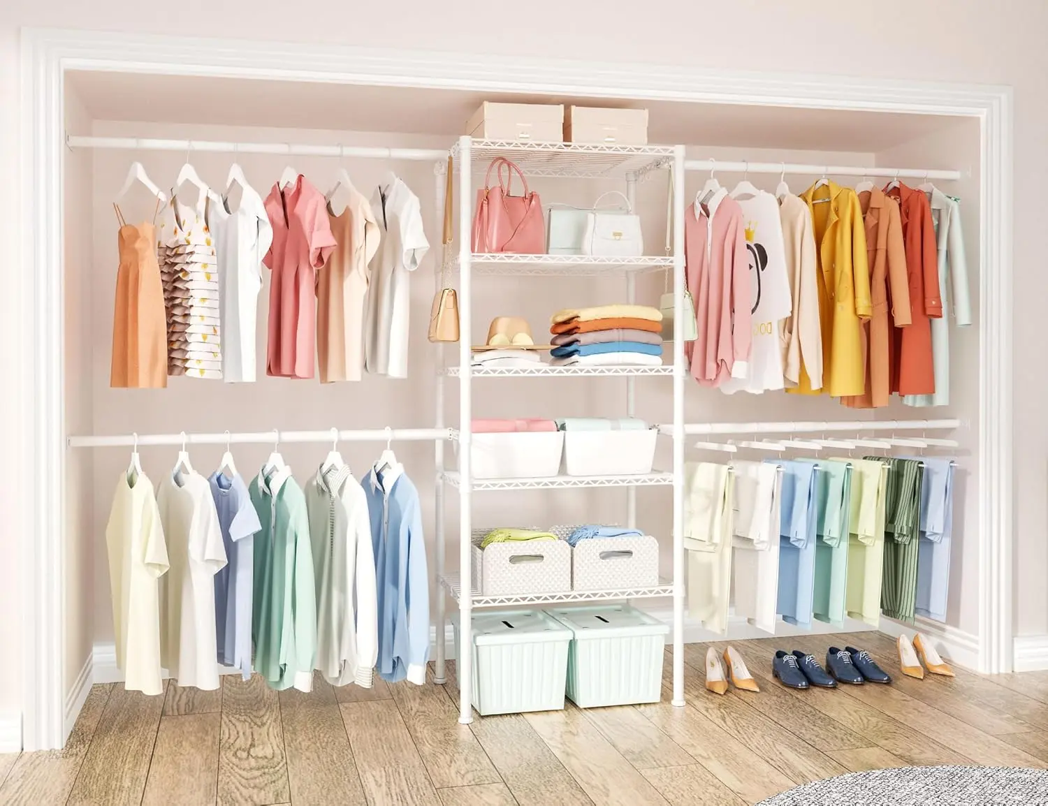 M2 Closet Organizer System, 5.9  Height Mounted to the Wall Garment Rack with 4 Expandable Hanger Rods, 5 Shelves in 23.6" L x 14.5" W, Suit Total Space from 5.8-8.8 ft, White