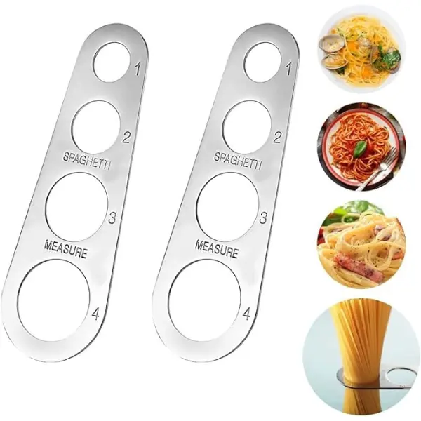Salesdude 2-Pack Food Grade Stainless Steel Spaghetti Pasta Opener & Measuring Utensils, 4-Aperture Compact Portion Control Kitchenware for Meal Preparation, 7.25 in Silver, Durable, Heat Resistant, Dishwasher Safe, C-30, Two Pieces