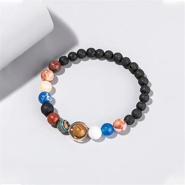 Unisex Astronomy Solar System Planet Motif Stone & Lava Beads Bracelet - 18cm/7.09in Metal-Coated Lightweight Casual Bangle, Women's Everyday Wear Accessory, Thanksgiving/Anniversary Gift