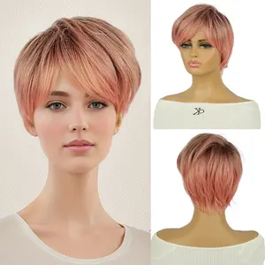 Short Pixie  Pink Wig for Women Bob Full Wig Stylish Manufacturer Wholesale Bob Fashion aisi  hair  beauty Color  Blonde Bob Wig with Bangs straight bob synthetic wig