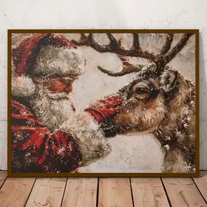 Christmas Santa and Reindeer Canvas Art Print, Vintage Christmas Design, Modern Art Decor, Home Office Bedroom Living Room Kitchen Bathroom Holiday Poster