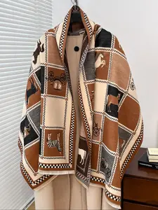 Women's All Over Animal Print Double Sided Cape Shawl, Casual Warm Long Scarf for Fall & Winter, Fashion Accessories for Daily Wear