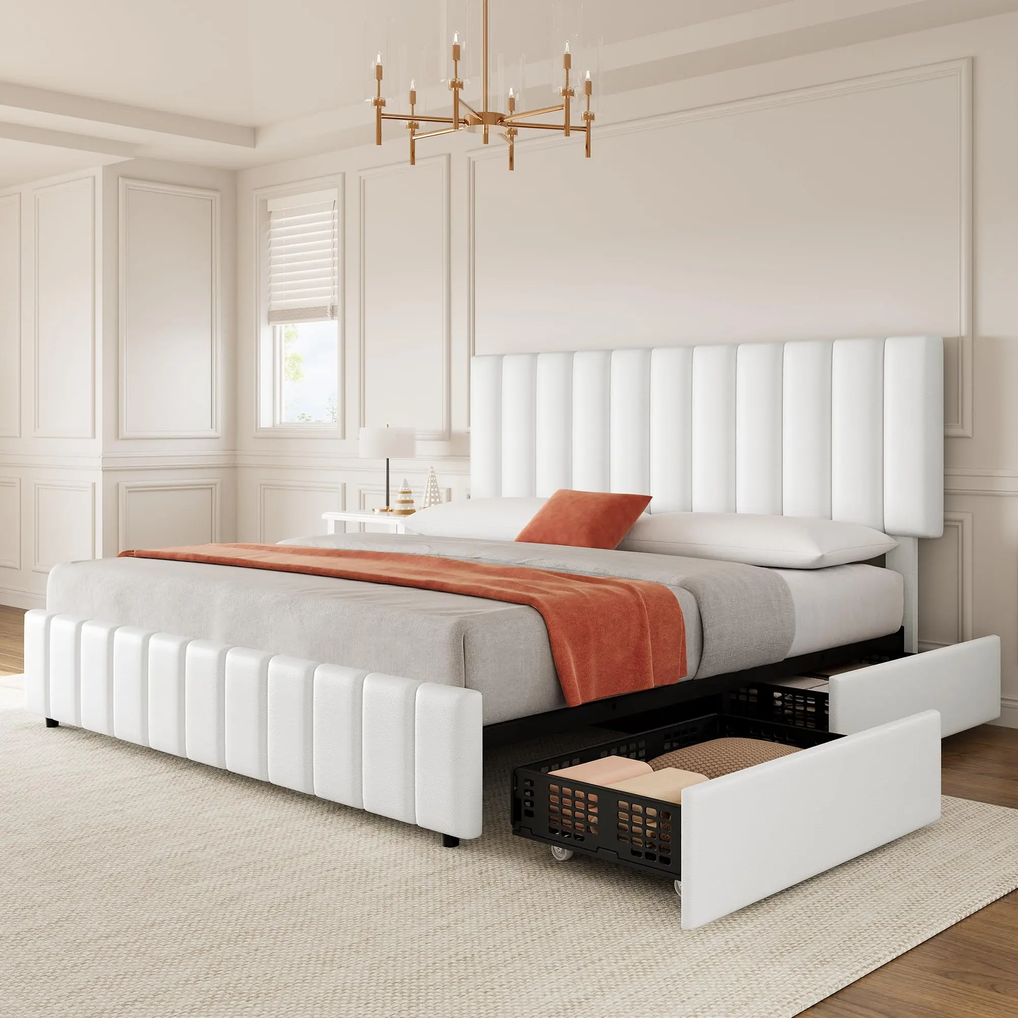 Gaomon Queen Size PU Leather Upholstered Platform Bed Frame - 4 Storage Drawers, Adjustable Headboard (42.9-45.7 in), Durable Wood Slat Support, Easy Assembly Required, No Box Spring Needed, White Indoor Furniture