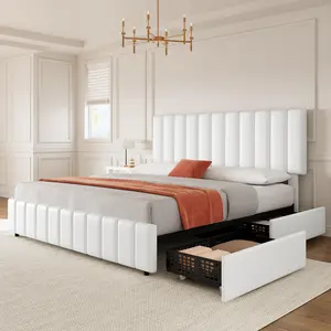 Queen Size Bed Frame, Platform Storage Bed with 4 Drawers, PU Leather Upholstered with Adjustable Headboard, Wood Slat Support, No Box Spring Needed,White