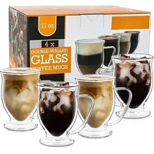 Double Wall Glass Coffee Mugs - 11oz Dishwasher & Microwave Safe Clear Mugs Set of 4 - Insulated Design, Ideal as Cups for , Latte, Cappuccino, , Hot & Cold Beverages