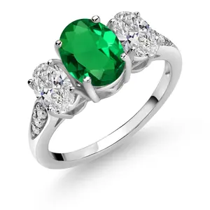 10K White Gold 3-Stone Engagement Ring For Women | Gemstone Birthstone and Lab Grown Diamond | Center Oval 8X6MM | Side Oval Diamonds = 1.00 Cttw