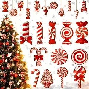 12pcs/set Red and White Christmas Candy Cane Decoration Set, Wooden Christmas Ornaments, Suitable for Christmas Tree Decoration, Wooden Hanging Peppermint Candy Cane Ball Pendants, New Year Home Decor, Christmas Decorations, Christmas Candy Cane