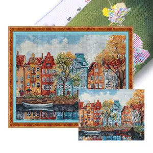 Full Embroidery Eco-cotton Thread 11CT Printed Houses Cross Stitch Kit 55*45cm