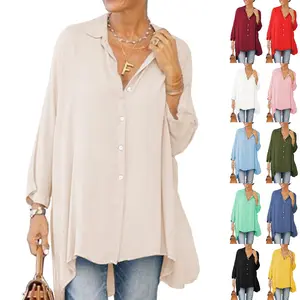 Goranbon Womens Oversized Blouse Long Sleeve Button Down Shirt Laple Collar Loose Fit Tops