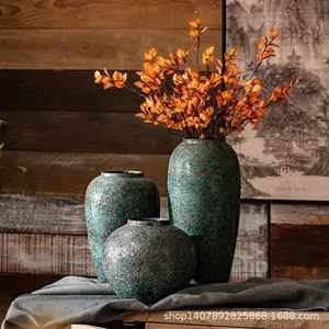Blue Cracked Ceramic Vase, Vintage Copper Patina Finish, Wabi-Sabi Home Decor, Perfect for Coffee Table, Shelves, Fireplace Decoration