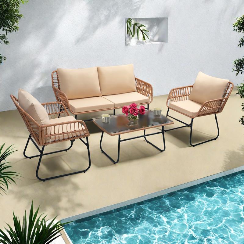 4 Piece Patio Bistro Outdoor Furniture Set, Wicker Sofa, 2 Rattan Chairs, and Table, Backyard Conversation Set, All Weather Cushions，for Garden,Poolside, Backyard