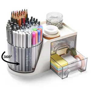 Rotating Desk Organizer with 2 Drawer, Pencil Pen Holder for Desk, Desk Organizers and Accessories with 4 Compartments + Drawer for Office Home Art Supplies