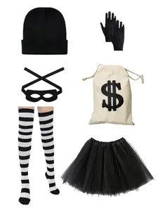 6-Piece Women's Thief Costume Set, Ballet Dress, Hat, Gloves, Eye Mask, Canvas Pouch, Striped Socks, Halloween, Easter, Christmas, Book Day