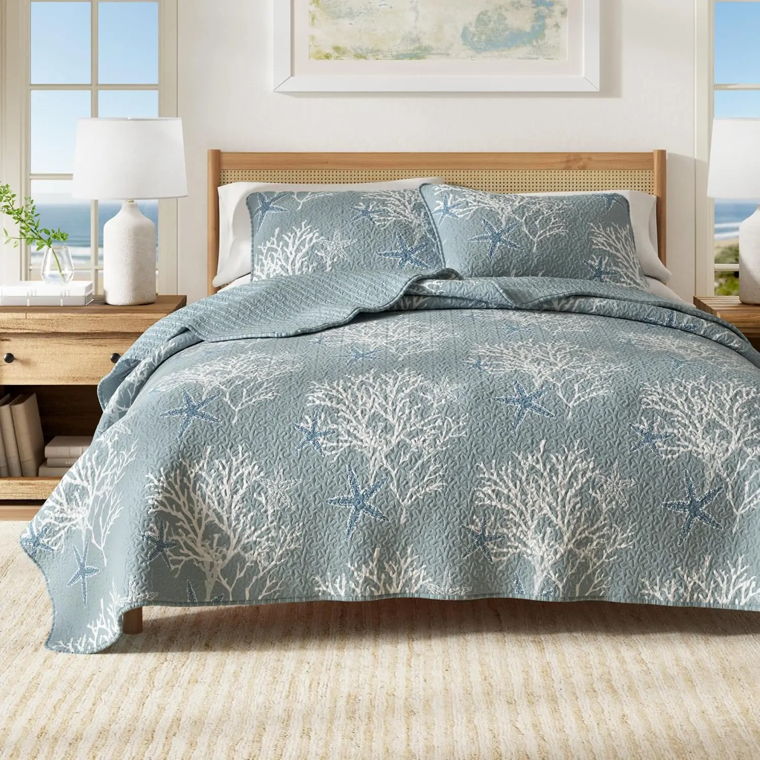 / XL Coastal Quilt Bedding Set, Summer Coastal Quilt with Sham, Beach 2- Reversible All Season Bedspread Quilt Set. Lightweight Nautical Quilted Coverlet.  Blue