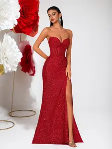CF Women's sequin strapless mermaid long dress with a slit, bright and sexy style, exudes charisma and elegance, suitable for evening parties, red carpet events, important celebrations, and other occasions.