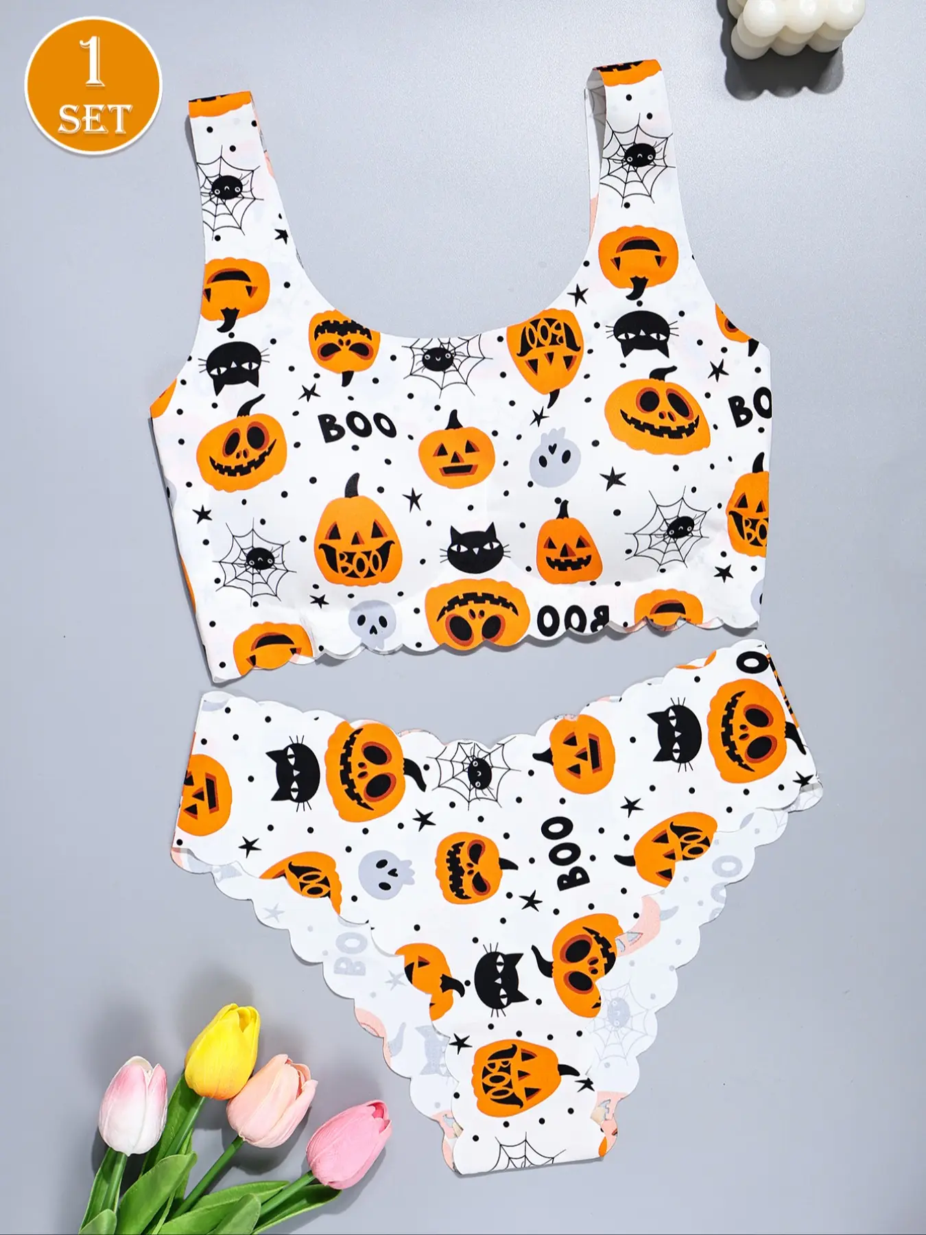 Halloween Print Women's Bra Set, Pumpkin Skull Spider Web Design, Breathable Quick-Dry Ice Silk Seamless Underwear for Yoga & Sports