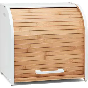 Bamboo Double Layer Bread Box for Kitchen Countertop, Roll Top Bread Box Wood, Extra Large Bread Box for Kitchen Storage, Modern Bread Bin Wooden (White)