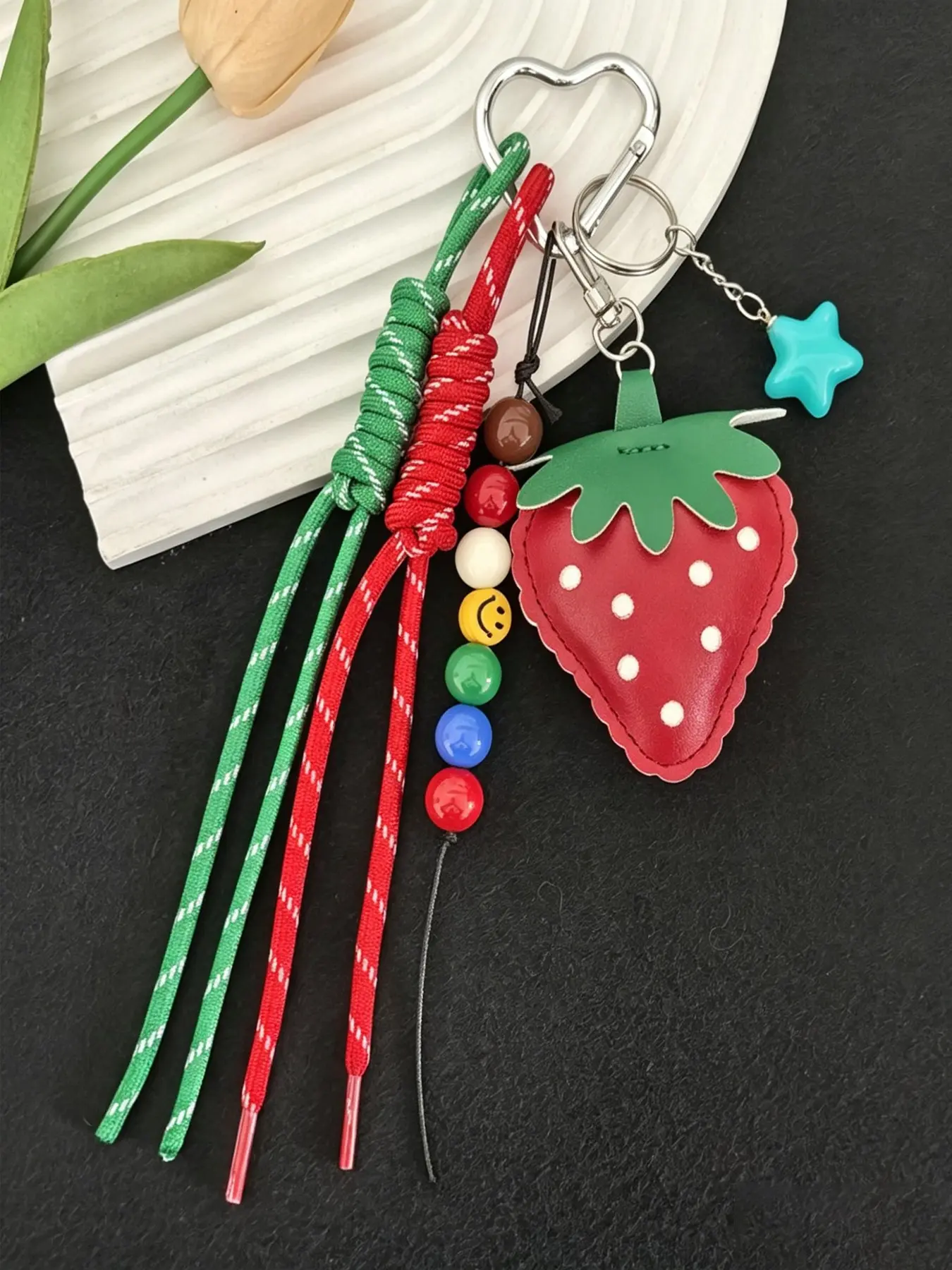 Cute Strawberry Star Keychain, Fruit Keychain, Leather Material, Perfect for Bags & Backpacks, Trendy Design, All-Season Accessory, Casual Style