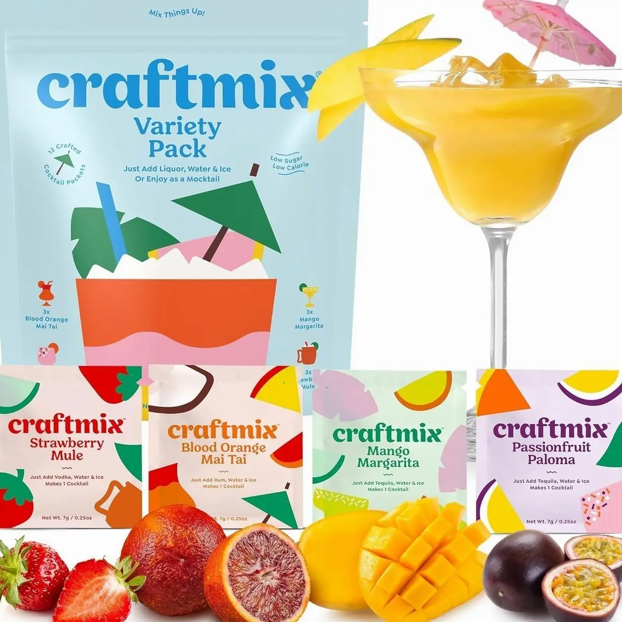 Craftmix Variety Pack Cocktail & Mocktail Drink Mixer, Skinny Mixes - Water Flavoring Packets - Made With Real Fruit - Vegan Low-Carb, Low-Sugar, Non-GMO, Dairy Free, Gluten Free, 12 Pack