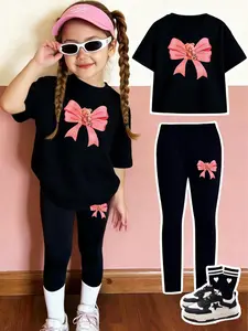 Bear Bowknot Print Set, Girls Casual, 2-Piece Girl T-Shirt and Tight Pants Set, Comfortable Elastic Waist, Spring Summer Wear, Summer Outfits Set