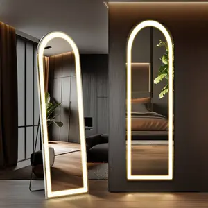 Arched  Full Length With LED Lights,60" 16" Floor  Dimming & 3 Color Lighting, Large  Full Length Aluminum Alloy Thin Frame For Bedroom, Dressing Room mirror White Makeup Vanity Table sand wooden