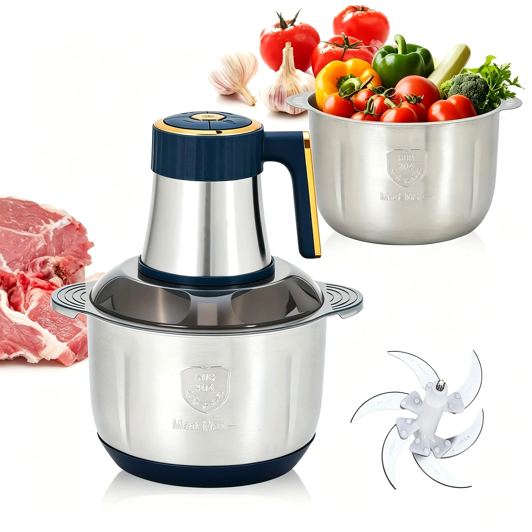 5L Stainless Steel Meat Grinder, 20 Cups Metal Food Processor, 500W Motor, 6 Blades, 2-min Heat Protect, Dishwasher Clean Up, Household Kitchen Appliance for Vegetables, Onions, Nuts
