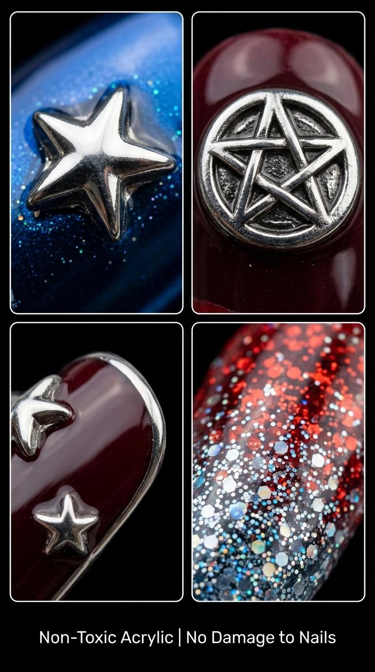 USA 250th & World Cup Dual Theme Press On Nails, Red Blue Star Stripes Fake Nails, Devil Angel Style Sporty Nails for Football Fans