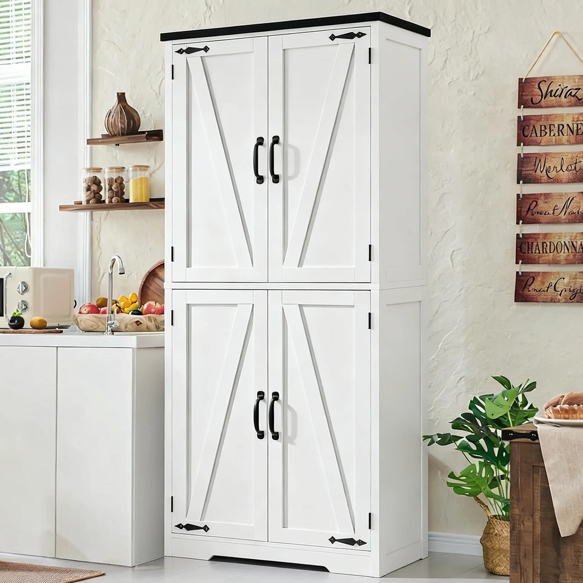Modern Kitchen Pantry Storage Cabinet with 4 Barn Doors and 3 Adjustable Shelves, Freestanding Storage Cabinet with Metal Handles, Storage Cabinet for Kitchen, Living Room, Bathroom Room.