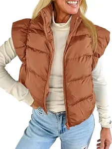 Tankaneo Womens Cropped Puffer Vest Cap Sleeve Zip Up Puffy Quilted Jacket Stand Collar Padded Gilet Coat Winter Outerwear Casual Fit Fluffy Knit Lightweight