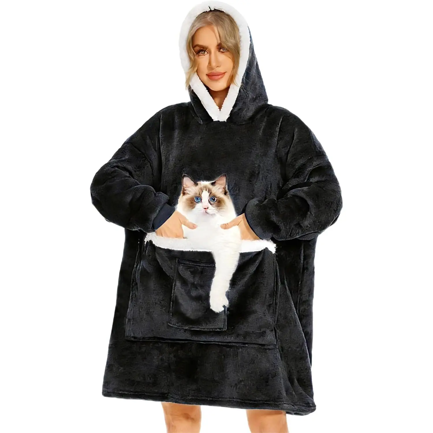 1-Piece Oversized Fit Wearable Blanket Hoodie - Giant Soft Warm Fleece Sweatshirt with Large Pocket, for Indoor Use, Men's Sleeping/TV Time Gifts
