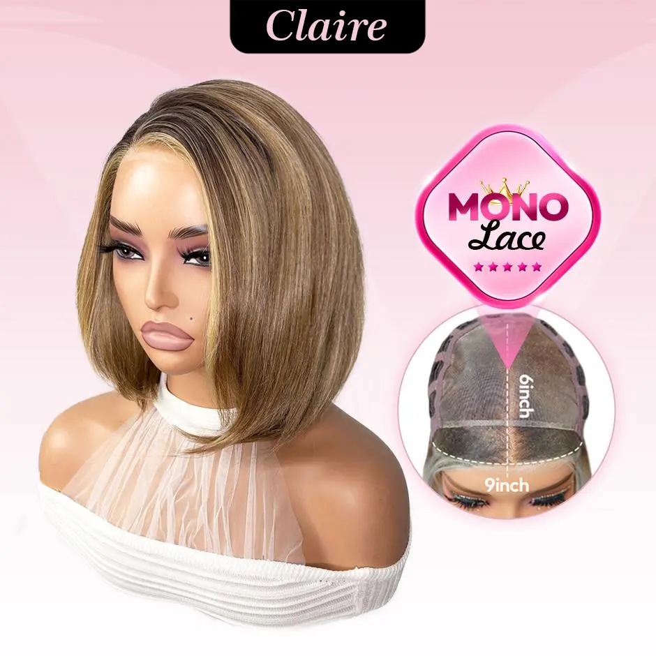 [Claire] VSIGN 9x6 Mono Lace Dark Root Chestnut Brown Caramel Balayage Classic Short Italian Bob Wig Layerd Strigstraight Hair Glueless Snowflake Lace Wig Anti Slip Band Secure Fit Wig Cap Natural Looking Elegant Everyday Style Synthetic Wig