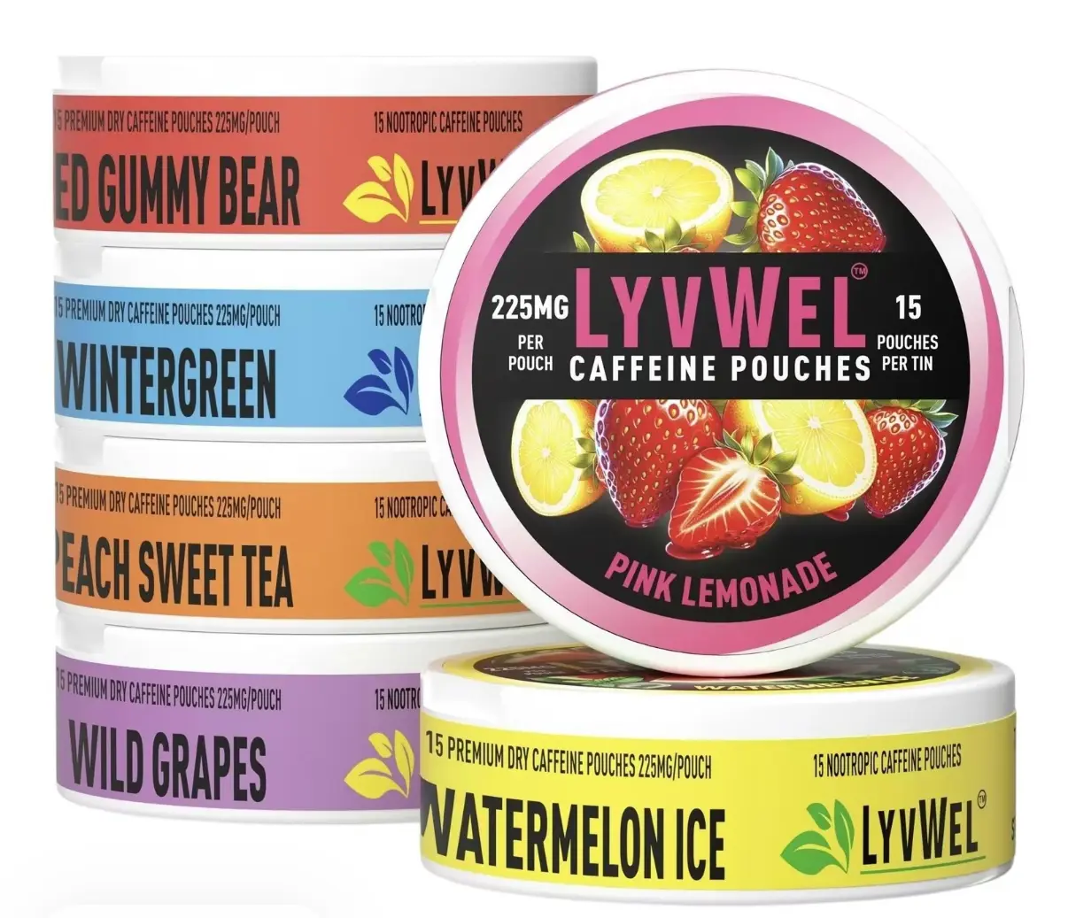 5 Pack Caffeine Pouches 225mg  - Pink Lemonade, Strawberry, Wild Grapes, Wintergreen, Watermelon  Beverage Energy Fruity Drink Sugar-Free Sport Fruit Caffeine Energy Drink Mood Sports Drink Tropical Punch