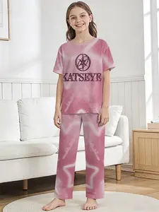 Pink Star Mark 2-piece set: girls' digital printed short-sleeve pajamas with long sleep pants, made of flame-retardant fabric, a casual, comfortable and soft pajama set, Loungewear, suitable for sleeping and home leisure, 100% polyester, ideal for girls