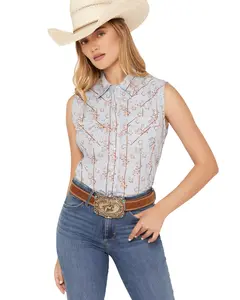 Ely Walker Women's Boot Barn Floral Horseshoe Print Sleeveless Pearl Snap - 325001-Sb