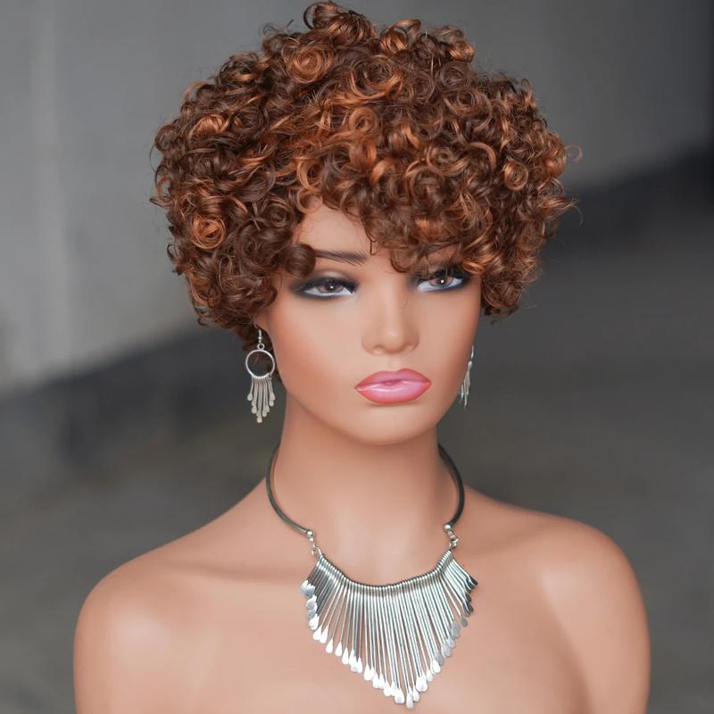 6inch Short Curly Wigs T1B/99J None Lace Front Human Hair Wigs with Bangs 180% Density Machine Made Pixie Cut Curly Wave Wig