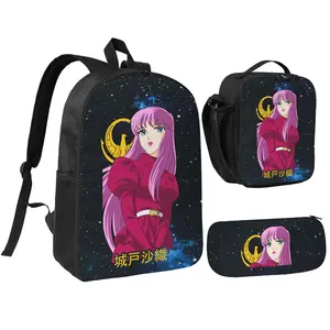 Three Piece Set Sailor Moon13 Printed Backpack Waterproof Curved Adjustable Shoulder Strap High Capacity Mesh Messenger Bag