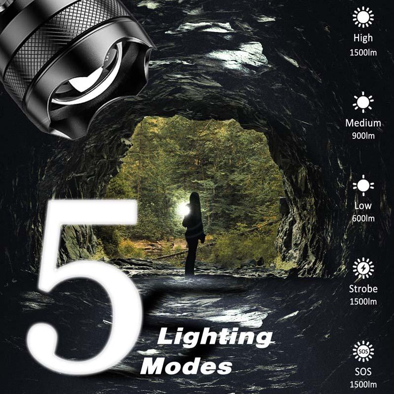 XTAUTO Super Bright 1500 Lumens LED Tactical Flashlight, USB-C Rechargeable Zoomable Waterproof EDC Flashlight with 5 Lighting Modes, Portable Handheld Torch Light for Camping Hiking Outdoor Adventure Home Emergency Use