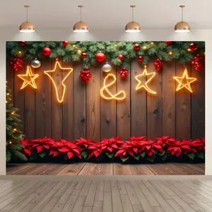 Christmas Themed Backdrop, Wooden Board Background Banner with Star Shaped Lights, Wall Decoration, Photo Booth Background, Indoor and Outdoor Decoration, Ornaments