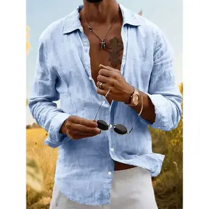 Men's Linen Blend Button Shirt, Summer Casual Long Sleeve Vacation Top, Fitted Plain Style, Spring & Fall Fashion, Casual Button FrontRAIMENTRY