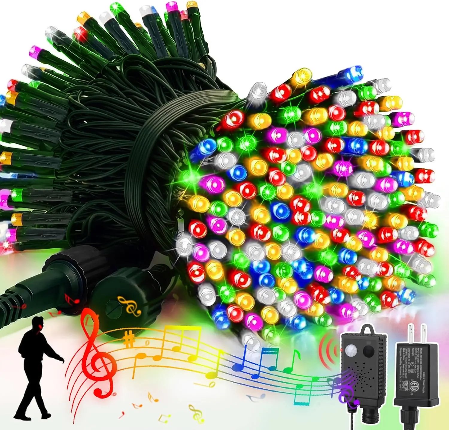 LAMPHOME Music White and Multicolor String Lights with Motion Sensor Controller, 100 LED Waterproof Decor for Valentine's Day & Christmas, Indoor Outdoor for Valentine Party, Christmas Tree, Yard