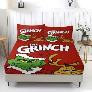 Christmas Grinch and Max pattern printed bed sheet, including 1 bed sheet and 2 pillowcases, comfortable bedding, anti slip dust cover suitable for children's bedroom decoration