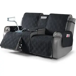 Loveseat Recliner Cover with Console, Non-Slip Reclining Loveseat with Console Cover with Pocket, Split Recliner Sofa Covers Furniture Protector for Pets Dogs(2 Seater, Black)