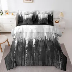 White Black 7 Piece Bedding Set,Greyish Gradient Comforter Set with Sheets Abstract Art Vintage Ombre Graffiti Bed in a Bag Contemporary Patchwork Printed for Teens Men Women