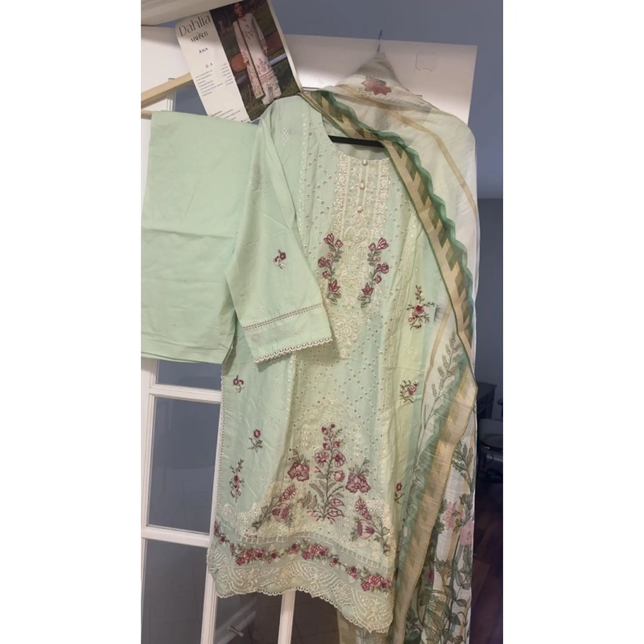 Mahnur Dahlia Beautiful Outfit Heavy Embroidery 3pcs Set Large Size Shalwar Style Bottom Chest 23 Hips 47 Shirt Length 42 Shalwar Length 40